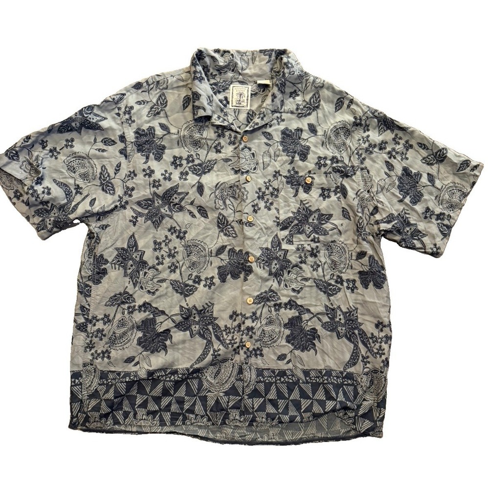 Roundtree & Yorke XL Rayon Shirt Floral Batik Hawaiian Camp Resort Blue Gray